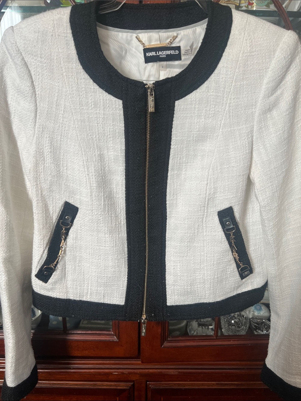 KARL LAGERFELD PARIS White Tweed Cropped Jacket with Black Trim Gold Logo Size 4